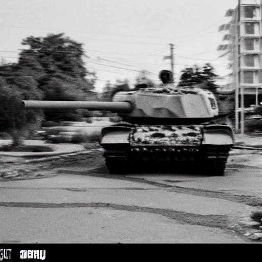 Prompt: cctv footage of a t - 9 0 tank driving past a suburban neighbhoorhood, realistic, highly detailed, black and white, at night, taken on a security cctv camera.