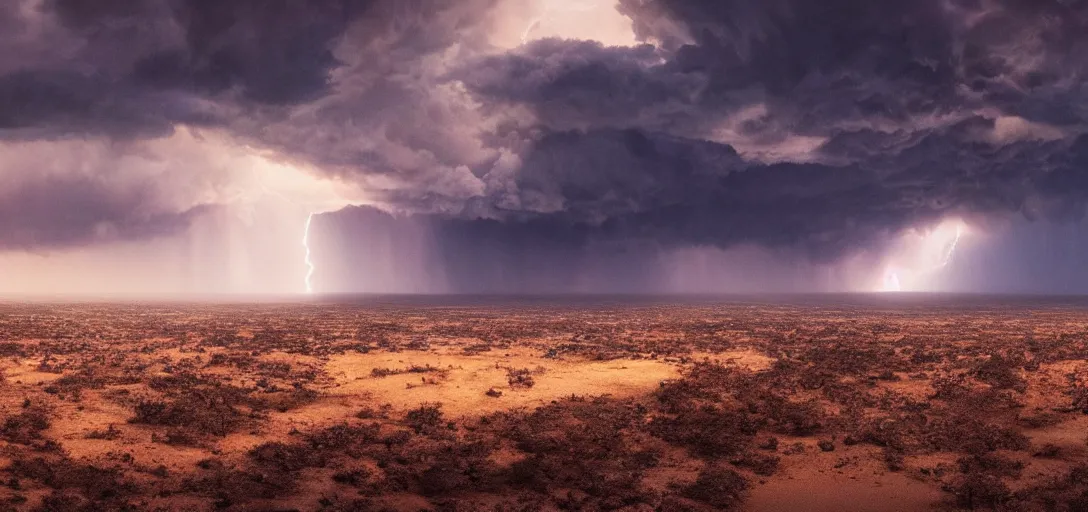 Prompt: a beautiful picture of a dark thundercloud in a desert, intricate detail, god rays, an extremely close lightning strike, sunset, serene, volumetric lighting, volumetric clouds, 8 k, hyperrealistic, digital art trending on artstation