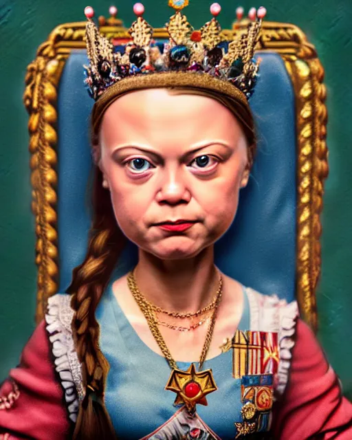 Image similar to closeup profile face portrait of a tin toy greta thunberg as queen victoria wearing a crown and sitting on a throne, bikini, hyper realistic, artstation, illustration, nicoletta ceccoli, mark ryden, lostfish, max fleischer, digital paint, matte paint, vivid colors, bright, cheerful, detailed and intricate environment