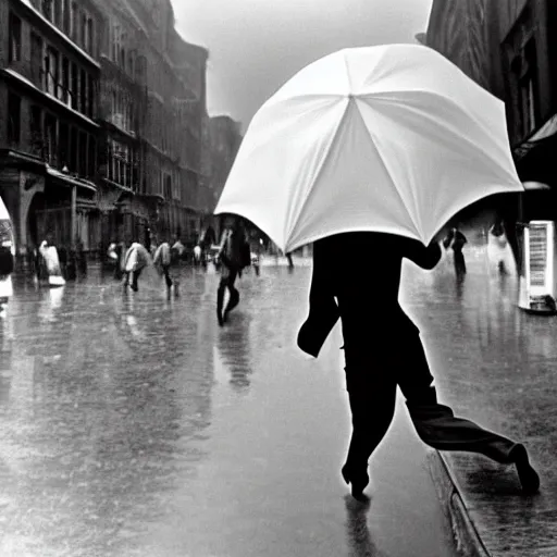 Image similar to the man leaping with umbrella, by henri cartier bresson,