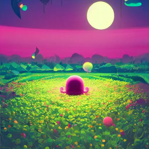 Prompt: a huge lotus in the center of a meadow of various colors. bright sunny day, in the style of katamari damacy, scattered glowing pink fireflies, soft vaporwave liminal aesthetic. 3 d blender by tomer hanuka, greg rutkowski, beeple, sharp focus, digital painting, concept art