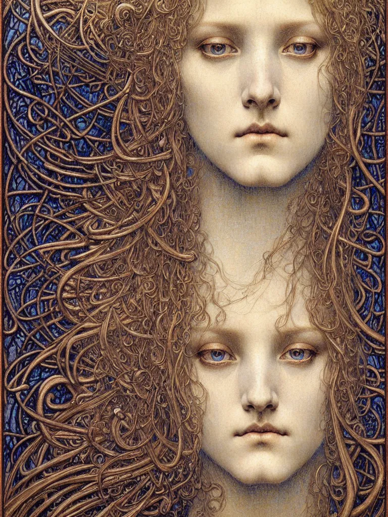 Image similar to detailed realistic beautiful young medieval queen face portrait by jean delville, gustave dore and marco mazzoni, art nouveau, symbolist, visionary, gothic, pre - raphaelite. horizontal symmetry