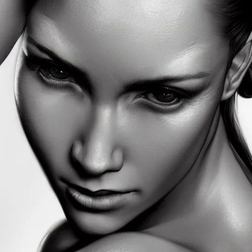 Image similar to a very beautiful woman with muscles, digital art, photorealistic, unreal engine, 8 k resolution, artstation, beautiful face, pretty face, very detailed eyes, by wlop, greg rutkowski, simon bosley