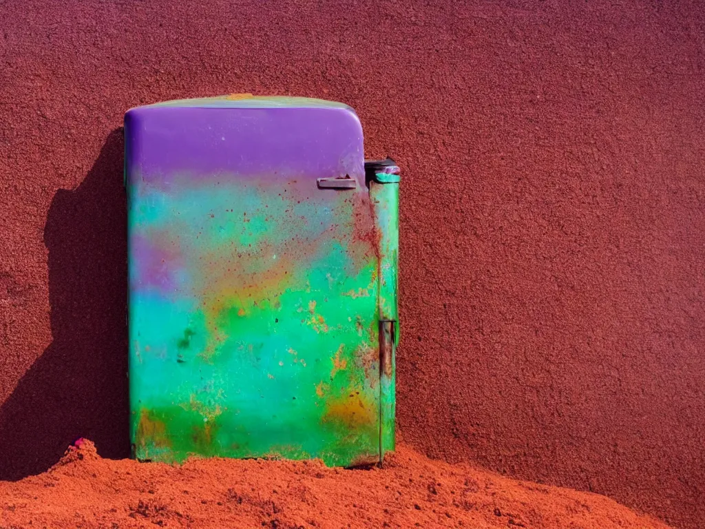 Image similar to purple refrigerator, red sand beach, green ocean, nebula sunset