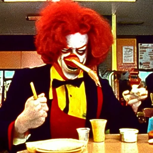 Image similar to A still of Ronald McDonald smoking a cigar in a diner from a gritty 1970s film directed by Martin Scorsese