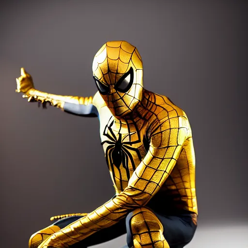 Image similar to gold spider - man suit with black web lining, cinematic, volumetric lighting, realistic, hyperdetailed, photorealistic, photograph