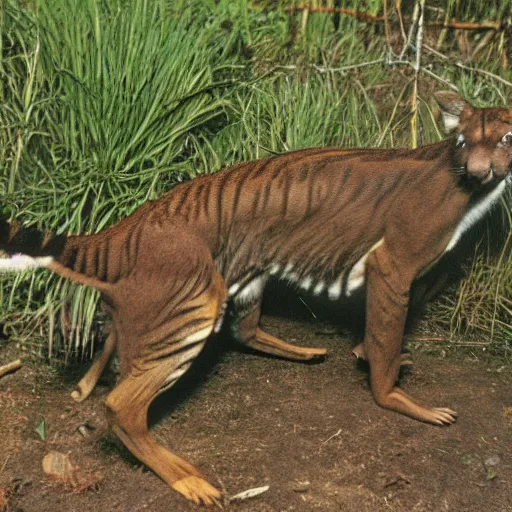 Image similar to tasmanian tiger trailcam. realistic. found footage