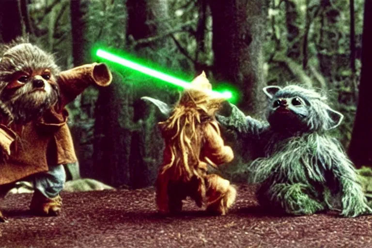 Prompt: furry yoda fighting a slimy ewok, still from star wars film 1 9 7 0