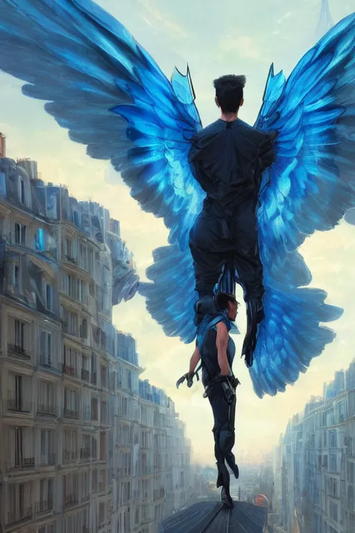 Prompt: a man from behind with a pair of blue energy wings!!! soaring through futuristic paris, 4 k, shimmering color, cinematic light, hyper detailed, art by greg rutkowski and magali villeneuve and artgerm