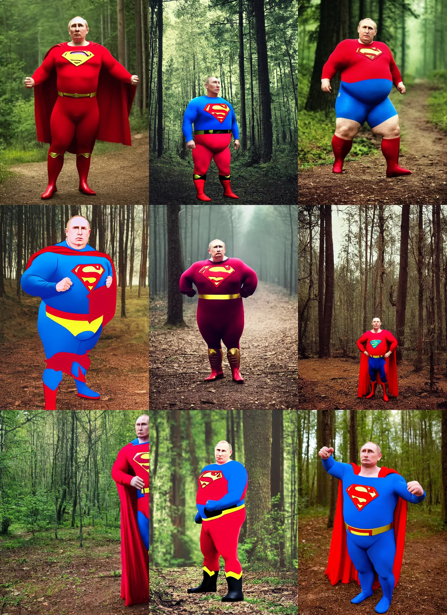 Prompt: a 3 5 mm photo of obese vladimir putin wearing superman costume, in woods, movie still, bokeh, canon 5 0 mm, cinematic lighting, dramatic, film, photography, depth of field, award - winning, backlighting, overcast, 8 k, hyper detailed, 3 5 mm film grain