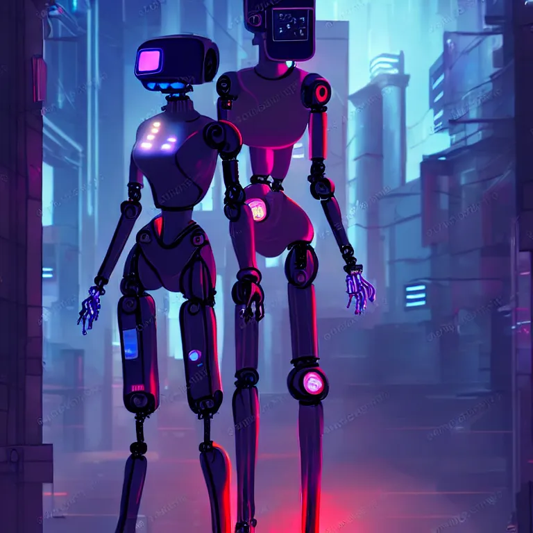Prompt: a cyberpunk robot - girl stands in a cyberpunk street, at night, cinematic lighting, very detailed, style by tomino - sama