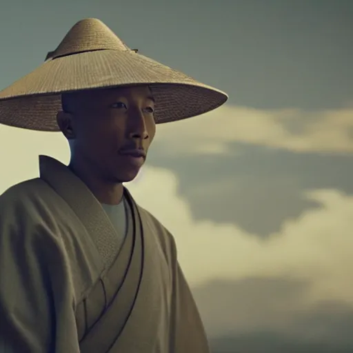 Image similar to cinematic film still Pharrell Williams starring as a Samurai holding fire, Japanese CGI, VFX, 2003, 40mm lens, shallow depth of field,film photography