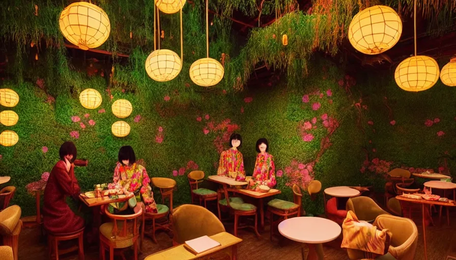 Image similar to Dreamy photo of a very cozy cafe that is transforming into a surreal magical Japanese temple, lush plants, in the style of Gucci, photographed by Petra Collins and Wes Anderson, glowing lights, magic details, very detailed, 8k, cinematic look, very detailed