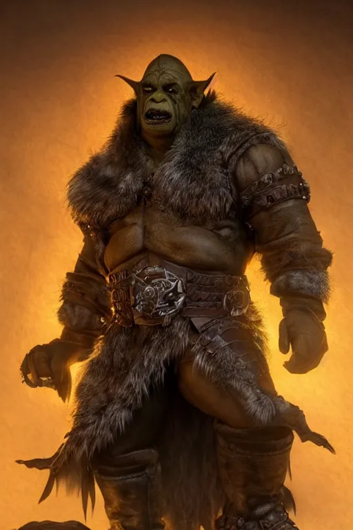 Image similar to A full body shot of a handsome orc looking into the camera wearing a leather fur jacket and leather boots, full body shot, detailed face, orc, portrait, artstation, realistic, highly detailed, symmetrical, D&D, Dungeons & Dragons, hyper realistic, dynamic pose, high detail, octane render, unreal engine, 8k, fantasy art, highly detailed, dramatic lighting, concept art