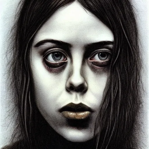 Prompt: grunge drawing of billie eilish by - Zdzisław Beksiński , surrealism style, horror themed, detailed, elegant, intricate