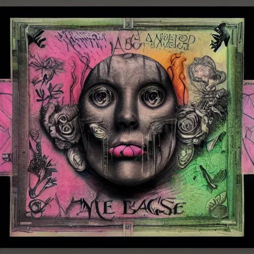 Image similar to post - punk new age album cover, asymmetrical design, frame of a dollar bank notes, capitalism, magic, apocalypse, psychedelic, black white pink, magic, giger h. r., giuseppe arcimboldo