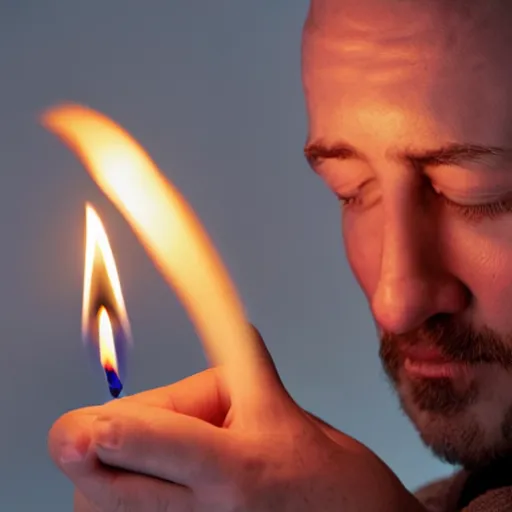 Prompt: photo of a man with a burning candle wick coming out of the top of his melting head