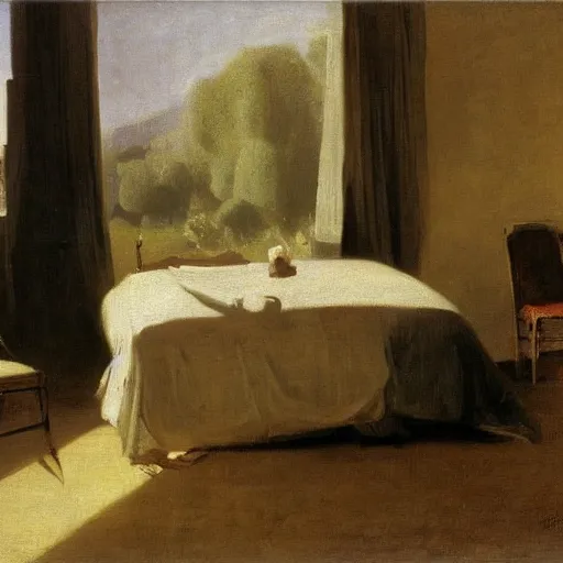 Image similar to the sunlight rays of golden hour shine upon a peaceful bedroom. still life., by camille corot