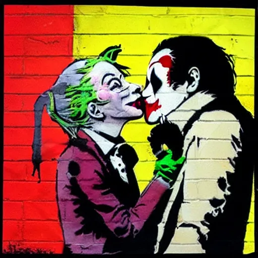 Prompt: banksy as joker and harley queen kissing, realistic content, detail content, paper border, 5 color