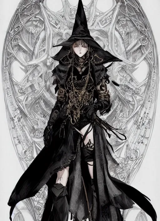 Image similar to beautiful human witch with blonde short curtly hair in intricate ornate witch robe, haughty evil look, witch hat. in style of yoji shinkawa and hyung - tae kim, trending on artstation, dark fantasy, great composition, concept art, highly detailed, dynamic pose.