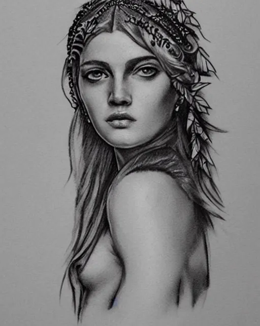 Image similar to realism tattoo sketch of a beautiful greek goddess aphrodite with piercing eyes wearing a laurel wreath and triangle earrings, in the style of greg rutkowski, amazing detail