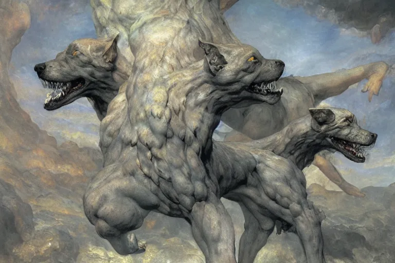 Image similar to hyperdetailed matte art of cerberus by william blake, ilya repin, amano, rene magritte, craig mullins, three headed dog, details