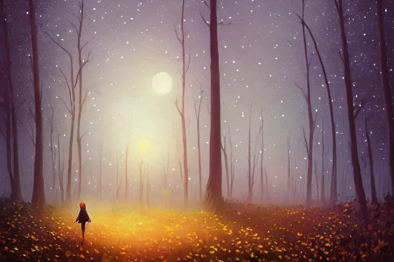 Image similar to giant sunflower head, girl walking in a moonlit forest, hills, surreal photography, dark night, star trails, dramatic light, impressionist painting, clouds, digital painting, artstation, simon stalenhag