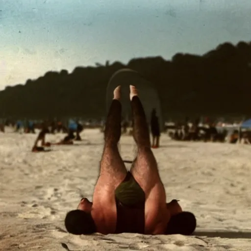 Prompt: benjamin netanyahu doing a headstand at the beach, rich colors, warm, summer