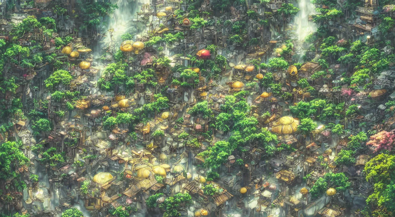 Image similar to above view, sun rays, studio ghibli style, steampunk, The ground was flooded with a layer of shallow water, narrow alley in town of Kyoto, fantasy lush vegetation and flowers, miyazaki, don bluth, nausicaa, Shinkai Makoto, flowers, white drogan, dappled lighting, cinemati, highly detailed, photo realistic