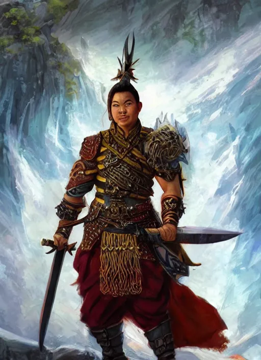 Prompt: asian warrior looking down, dndbeyond, bright, colourful, realistic, dnd character portrait, full body, pathfinder, pinterest, art by ralph horsley, dnd, rpg, lotr game design fanart by concept art, behance hd, artstation, deviantart, hdr render in unreal engine 5