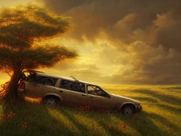 Prompt: a tree growing on an scrap car overgrown by flowers, grass and moss. a soft golden sunset through the clouds. hyperrealistic, highly detailed, cinematic, ray of golden sunlight, beautiful, cgsociety, artstation, 8 k, oil painting by greg rutkowski, by artgerm, by wlop