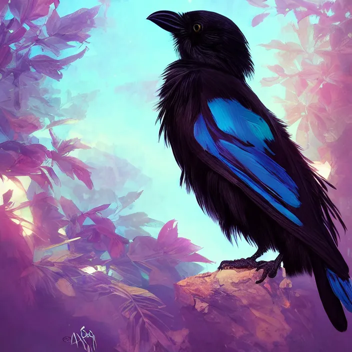 Image similar to beautiful black raven bird with long turqoise feather highlights, cute, intricate, highly detailed, digital painting, trending on artstation, concept art, smooth, sharp focus, backlit, rim light, vivid colors, illustration, unreal engine 5, 8 k, art by rossdraws and alphonse mucha