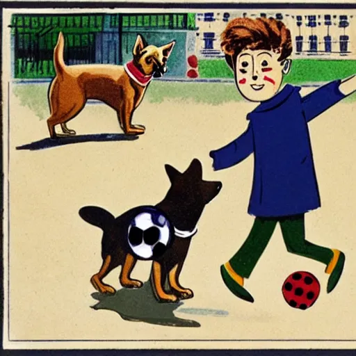 Image similar to book illustration of a french boy on the streets of paris playing football against a corgi, the dog is wearing a polka dot scarf, 1 9 6 6