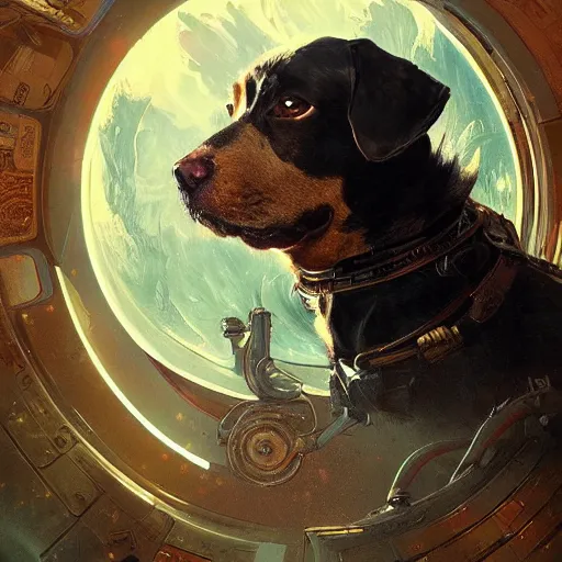 Image similar to Portrait of dog in space, dark fantasy, intricate, elegant, highly detailed, digital painting, artstation, concept art, smooth, sharp focus, illustration, art by Sam Youn and Fernanda Suarez and Artem Demura and alphonse mucha