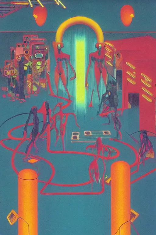 Image similar to 8 0 s art deco motel with swimmingpool, robots, neon signes, cinematic dramatic cyberpunk textural fluid lines otherworldly vaporwave interesting details fantasy lut epic composition by basquiat zdzisław beksinski james jean artgerm rutkowski moebius francis bacon gustav klimt