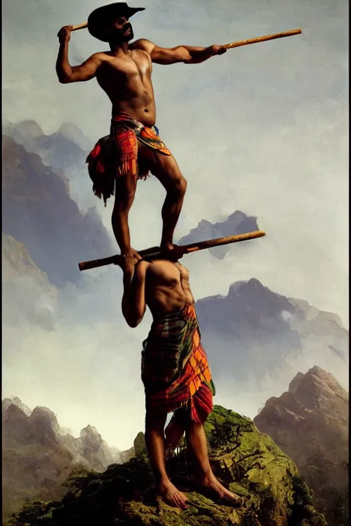 Prompt: an ethereal dramatic painting of a handsome rugged shirtless desi hiker | he is wearing a plaid kilt and cowboy hat, and holding a wooden pole | background is mountains and clouds | homoerotic, dramatic lighting, highly detailed, vintage travel poster | by peder balke, by maxfield parrish | trending on artstation
