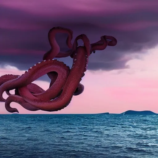 Prompt: a group of colossal octopuses flying over a cloudy pink sky over the horizon, award winning
