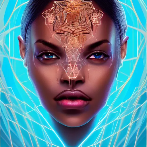 Image similar to symmetry!! solid cube of light, hard edges, product render retro - futuristic poster scifi, lasers and circuits, brown skin queen, intricate, elegant, highly detailed, digital painting, artstation, concept art, smooth, sharp focus, illustration, dreamlike, art by artgerm