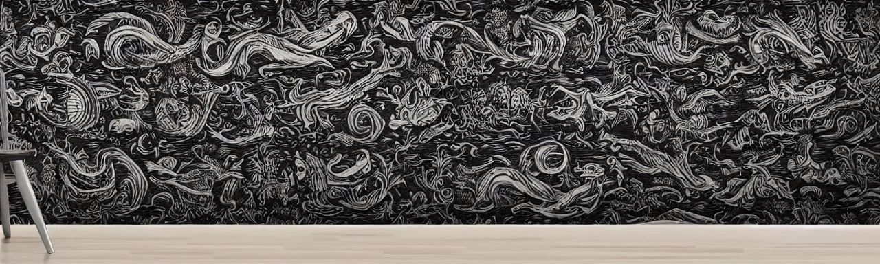 Prompt: Elaborate wallpaper print of Sea Monsters and ocean waves in the style of Albrecht Durer, high contrast finely carved woodcut black and white crisp edges