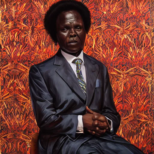 Prompt: a painting of a XXL wise elder from Kenya in a suit by Kehinde Wiley . dramatic angle, ethereal lights, details, smooth, sharp focus, illustration, realistic, cinematic, artstation, award winning, rgb , unreal engine, octane render, cinematic light, macro, depth of field, blur, red light and clouds from the back, highly detailed epic cinematic concept art CG render made in Maya, Blender and Photoshop, octane render, excellent composition, dynamic dramatic cinematic lighting, aesthetic, very inspirational, arthouse.