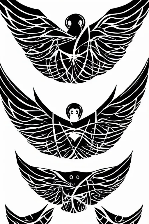 Image similar to a beautiful tattoo design of minimalist flying swallows flying around geometric spirals, black ink, abstract logo, line art