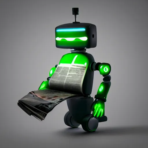 Prompt: futuristic lonely matte dark gray and translucent green full-body humanoid robot with huge expressive comically sad LED eyes and open rectangular mouth sitting on a large comfortable cushioned vintage recliner reading a newspaper comics page. Cinematic Lighting, Cinematic Movie Photograph, Arri Alexa, Extremely Detailed, smooth, very very clean, simple, 8K, octane render, maya render, unreal engine, trending on artstation, DSLR, excellent composition, moody