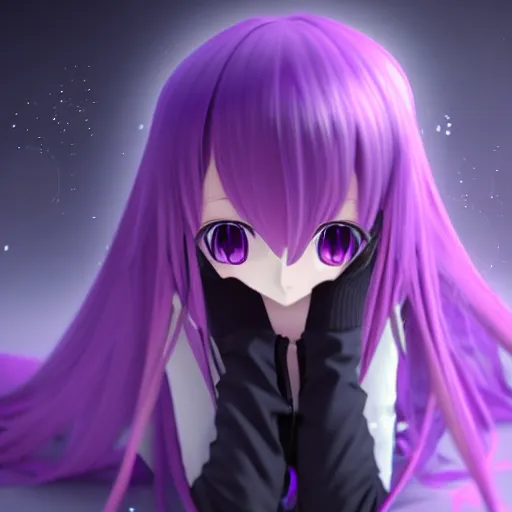 Image similar to A render of a cute young 3D anime girl with long violet hair, she is laying on her back, top down camera angle pointing at her face, wearing a long flowing black reaper hood with black pants, a bloody scythe is laying next to her foot, in a dark field, laying on her back, full body, dark and moody lighting, night time