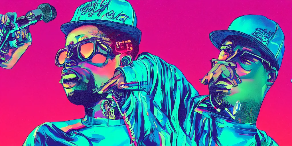 Image similar to close-up of rapper performing, digital art, vapor wave, hip hop, center blank, trending on Artstation, professional artist, detailed, 4k