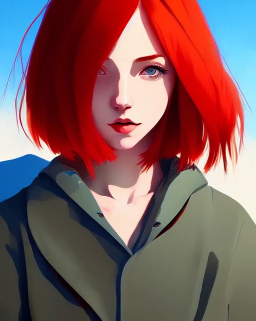 Image similar to a detailed portrait of a pretty!! woman with red hair and freckles by ilya kuvshinov, digital art, dramatic lighting, dramatic angle