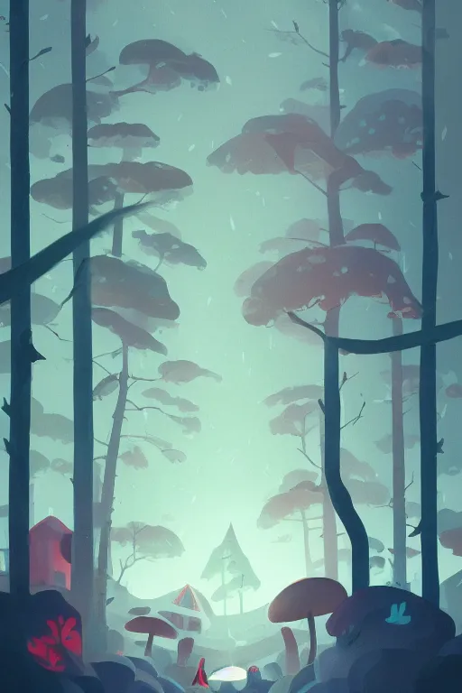 Prompt: the small house in the forest, dark night, leaves in the air, mushrooms, animals, gibli, james gilleard, atey ghailan, lois van baarle, pop art patterns, exquisite lighting, clear focus, very coherent, plain background, very detailed, vibrant, digital painting