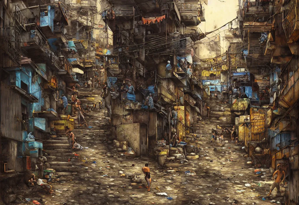 Prompt: photorealistic favela rocinha rio de janeiro with precise rendered alleys with intricate details of gun happy people in alley close view by Justin Gerard