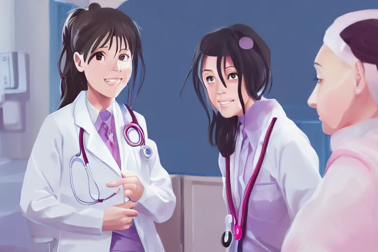 Image similar to a beautiful young female doctor wearing white coat are talking with a nurse wearing pink coat in a hospital ward, highly detailed, digital painting, slice of life anime, illustration, anime scenery by Makoto shinkai