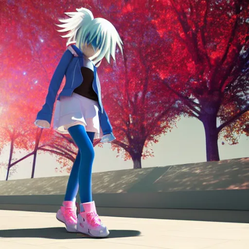 Image similar to hd 3d render of anime style teenager girl doing moonwalk with dynamic lighting, blue tint