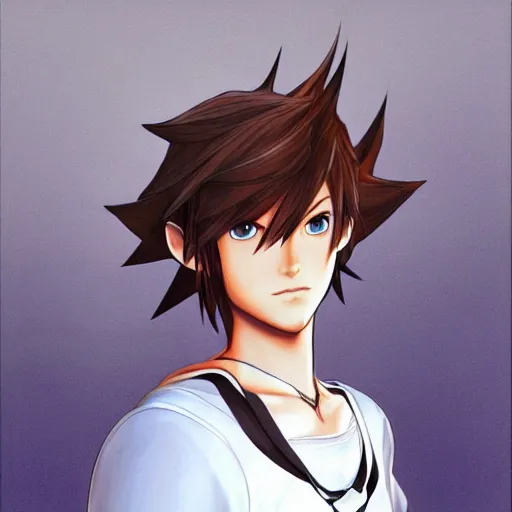 Image similar to a handsome slender wavy brown haired boy with blue eyes. kingdom hearts concept art. Square enix. Tetsuya Nomura. By Shigenori Soejima.